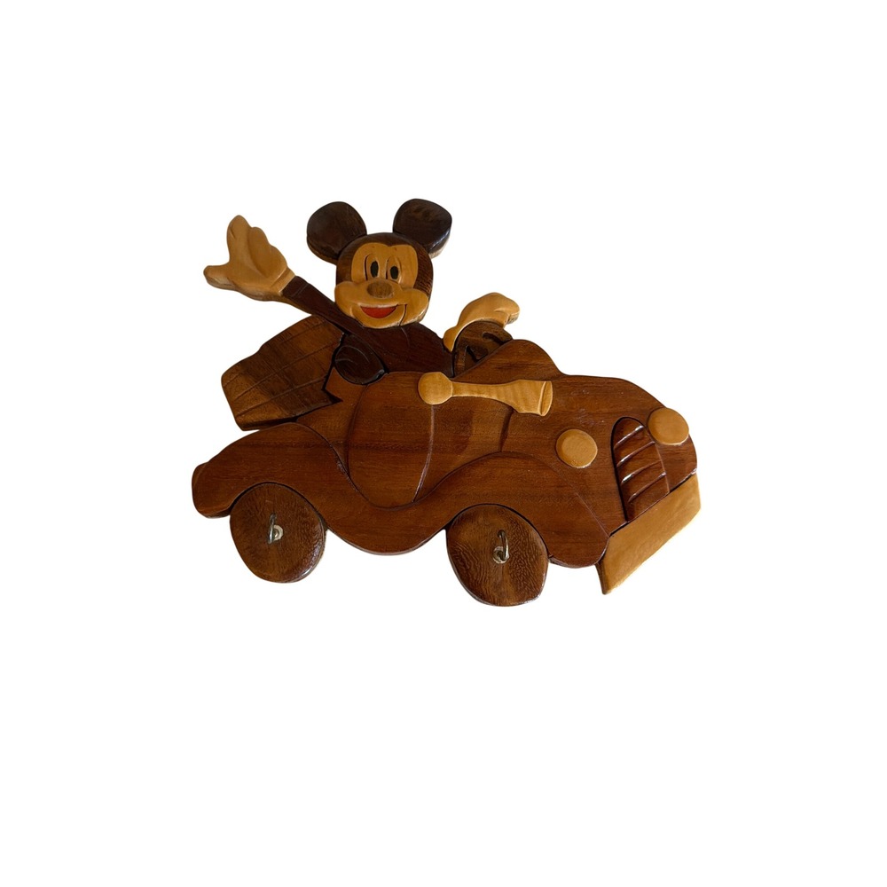 Disney Wall Hanging Brown Mickey Mouse Intarsia Wood Car Key Rack Folk Art Decor